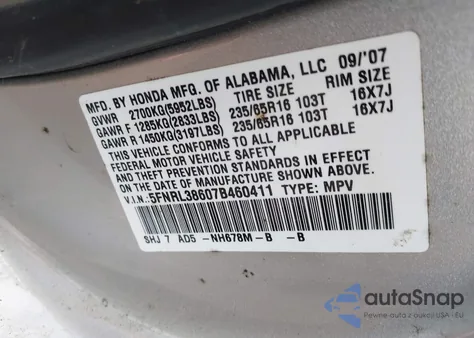2007 Honda Odyssey Ex-L z USA, uszkodzony, nr VIN 5FNRL38607B460411